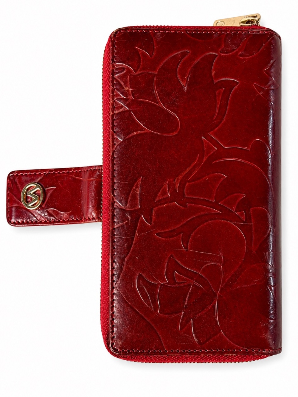 Valentina Italian Genuine Leather Red Embossed Floral Zip Around Wallet - Picture 6 of 9
